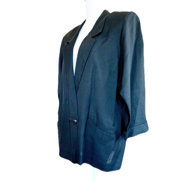 Vintage 90’s Black Oversized Double Breasted Blazer 14 Linen Blend - Picture 2 of 9